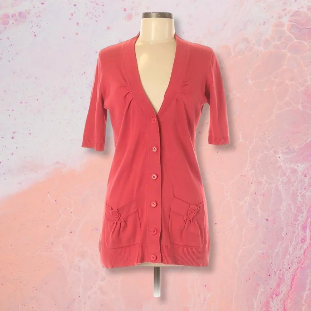TABITHA Pink/Red Button Fitted 3/4 Sleeve Cardigan - Picture 1 of 11